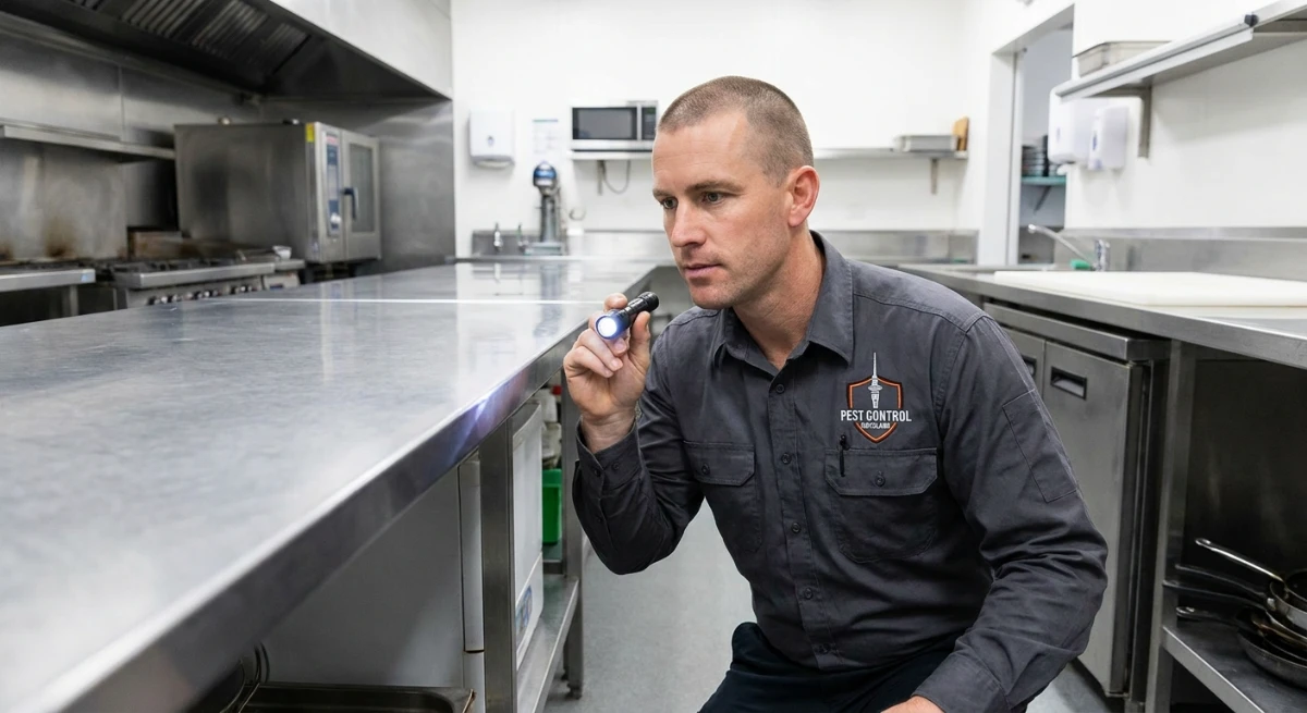 Certified pest technician inspecting a commercial kitchen in Auckland