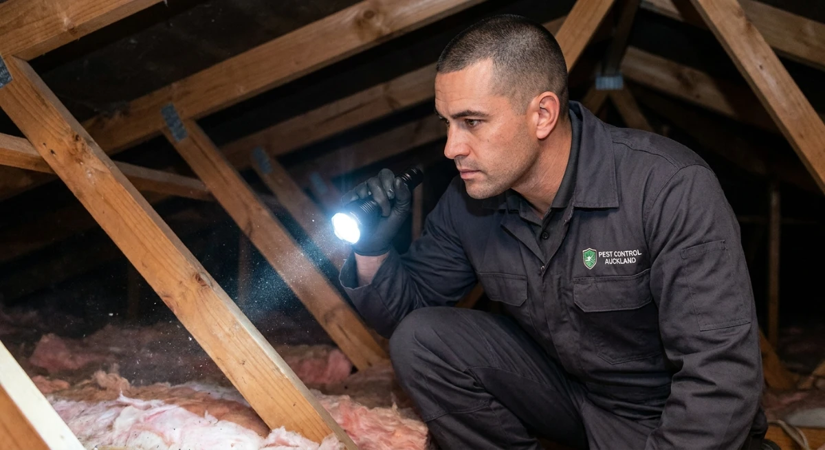 Certified technician performing residential pest control inspection in Auckland