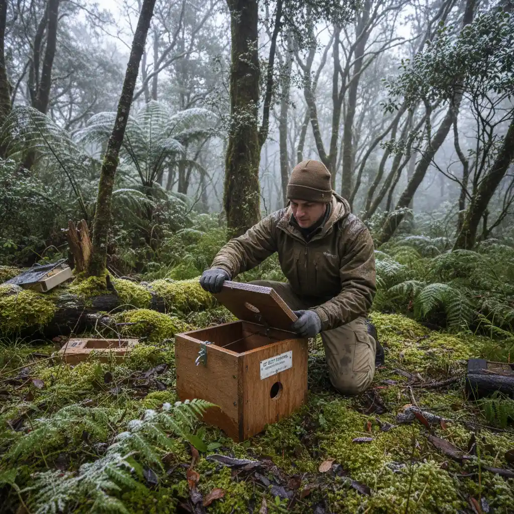 Checking pest traps in New Zealand native bush