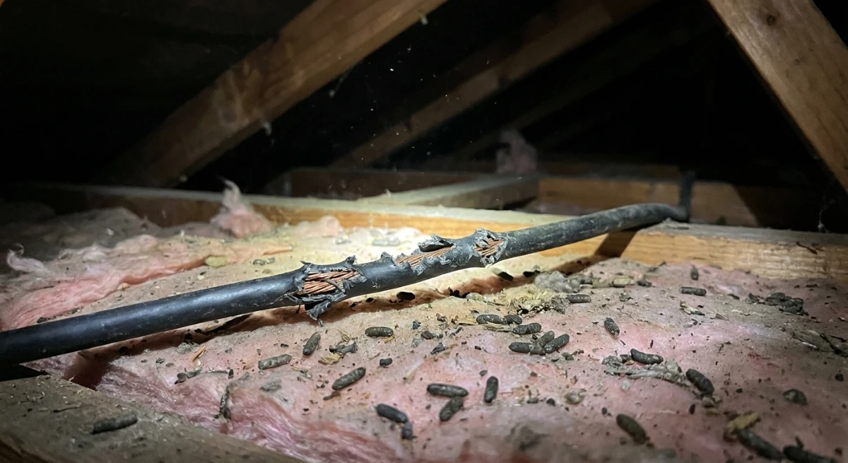 Chewed electrical wires showing rodent damage and fire hazards