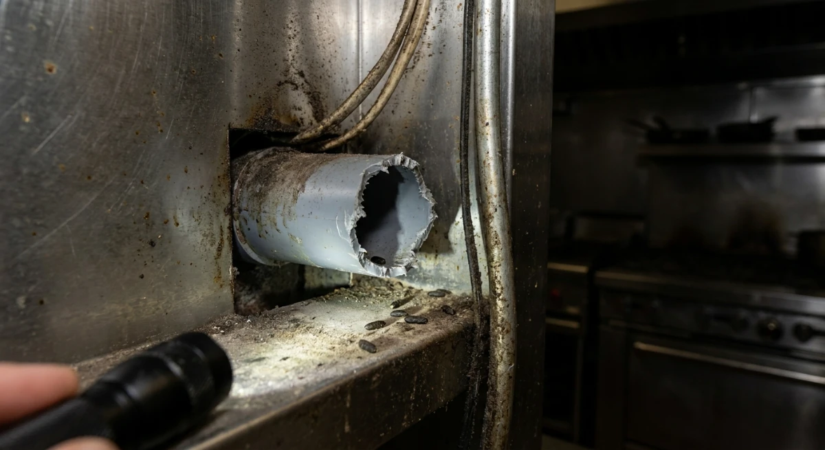 Chewed plumbing pipe with rodent droppings in a commercial kitchen