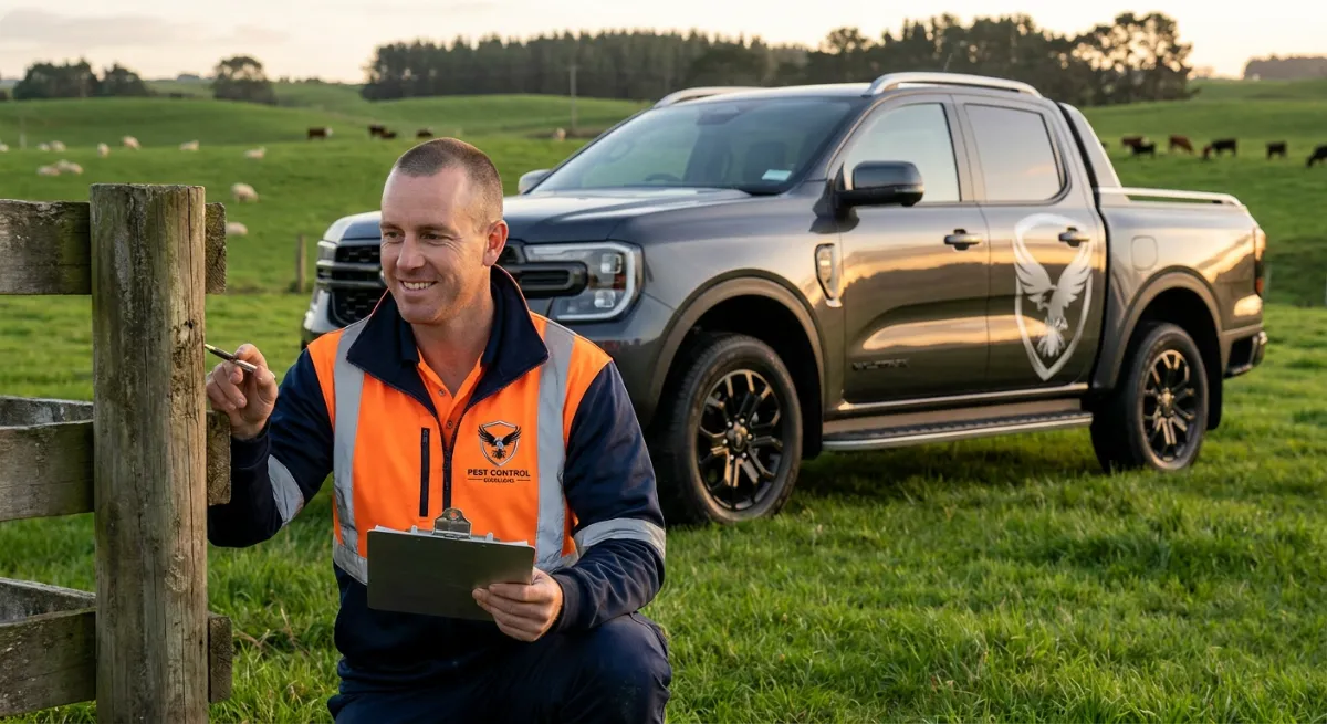 Class 9 qualified pest control technician inspecting a rural property