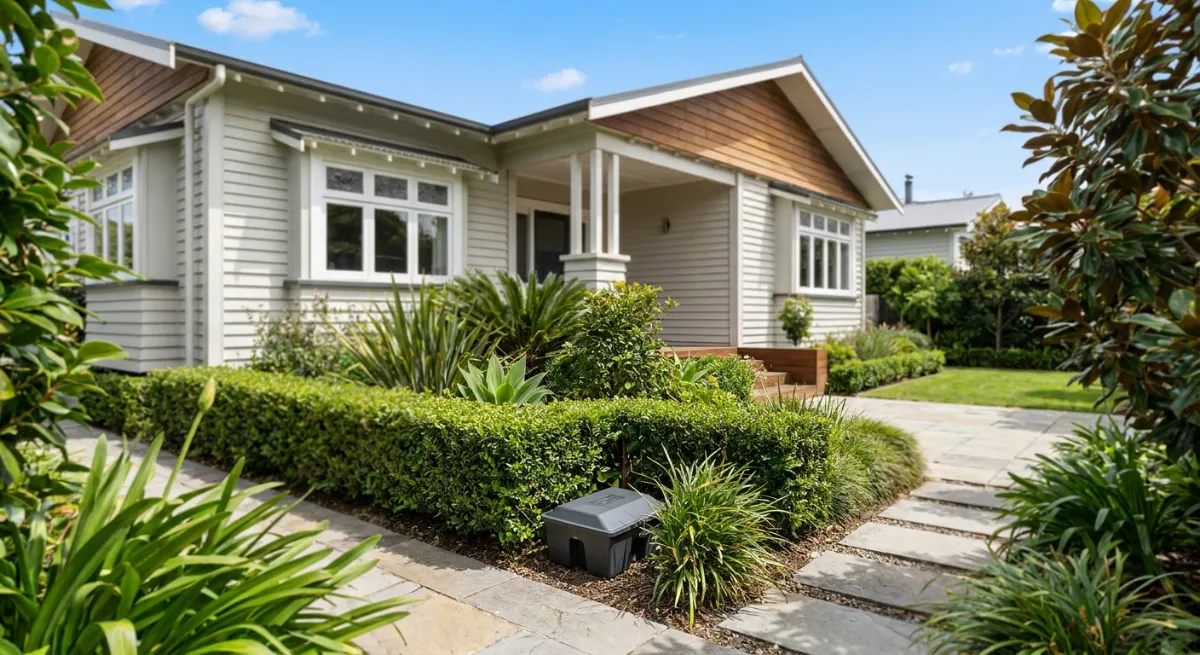 Clean Auckland home exterior with safe rodent bait station