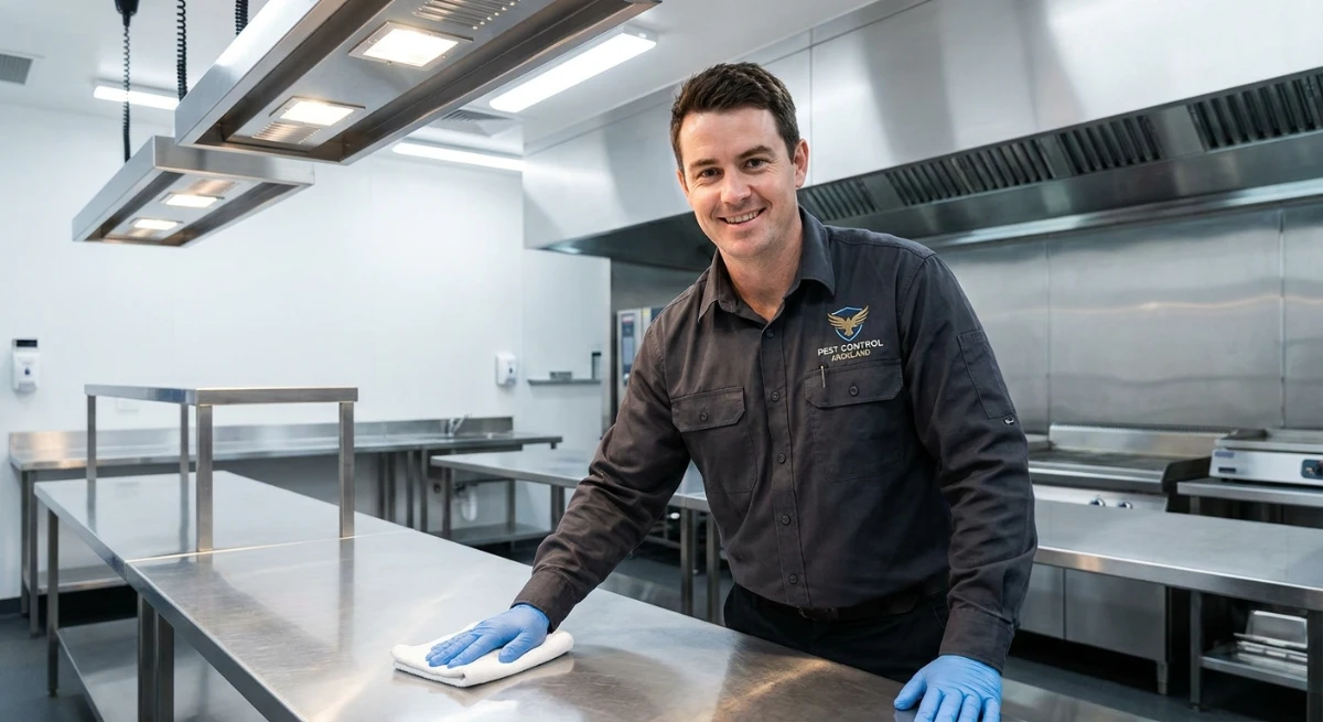 Clean commercial kitchen in Auckland demonstrating successful pest eradication and pheromone neutralisation