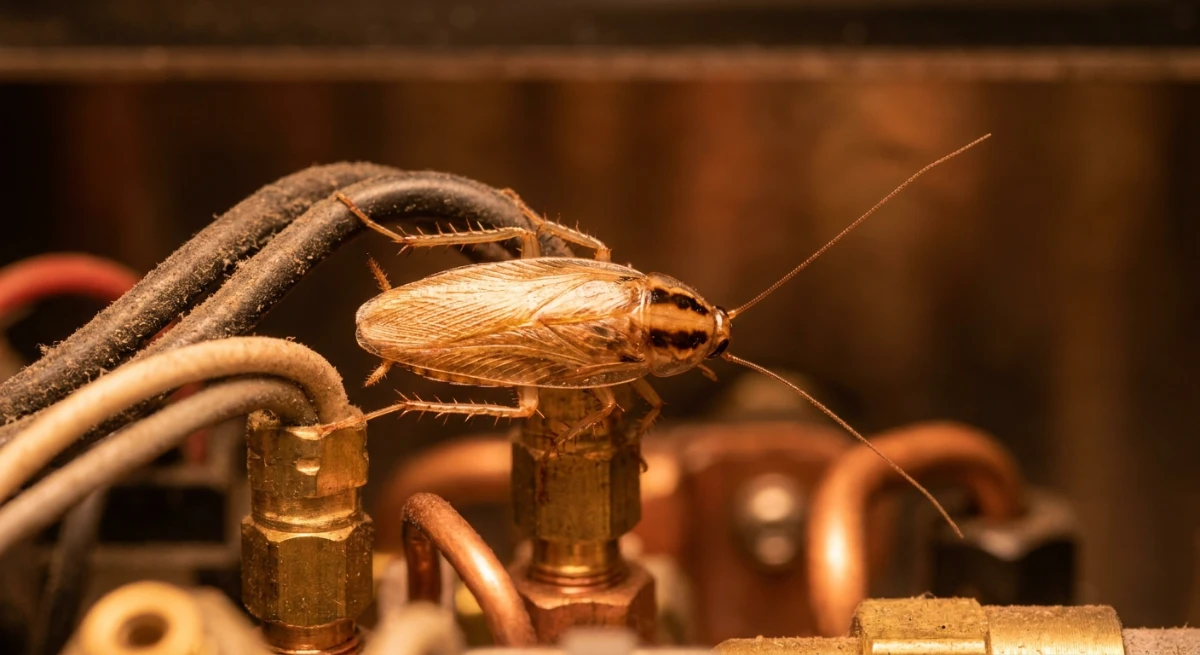 Close up macro shot of a German cockroach infestation inside a commercial coffee machine