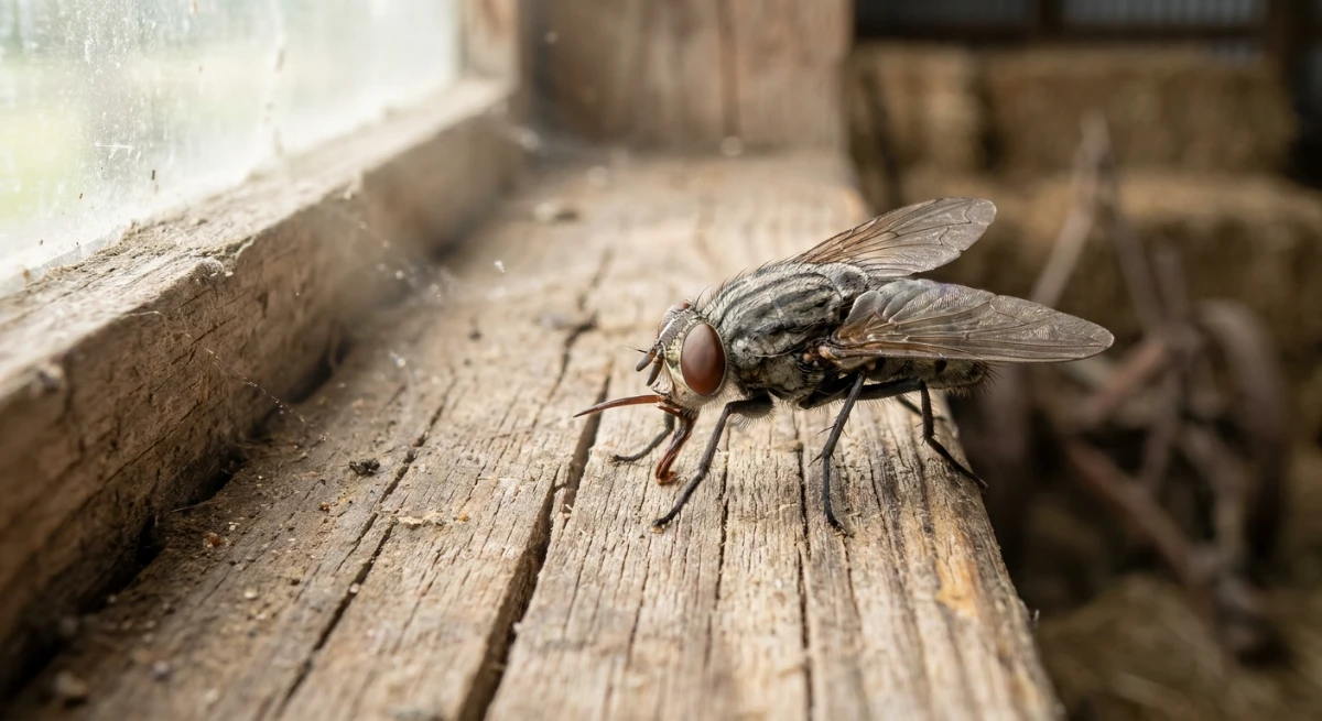 Close up of a biting stable fly on wooden stable boards in Franklin