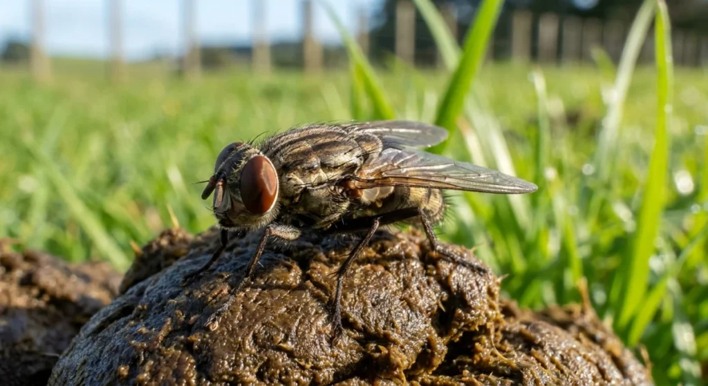 Close up of a bush fly resting on fresh dung on a Franklin lifestyle block