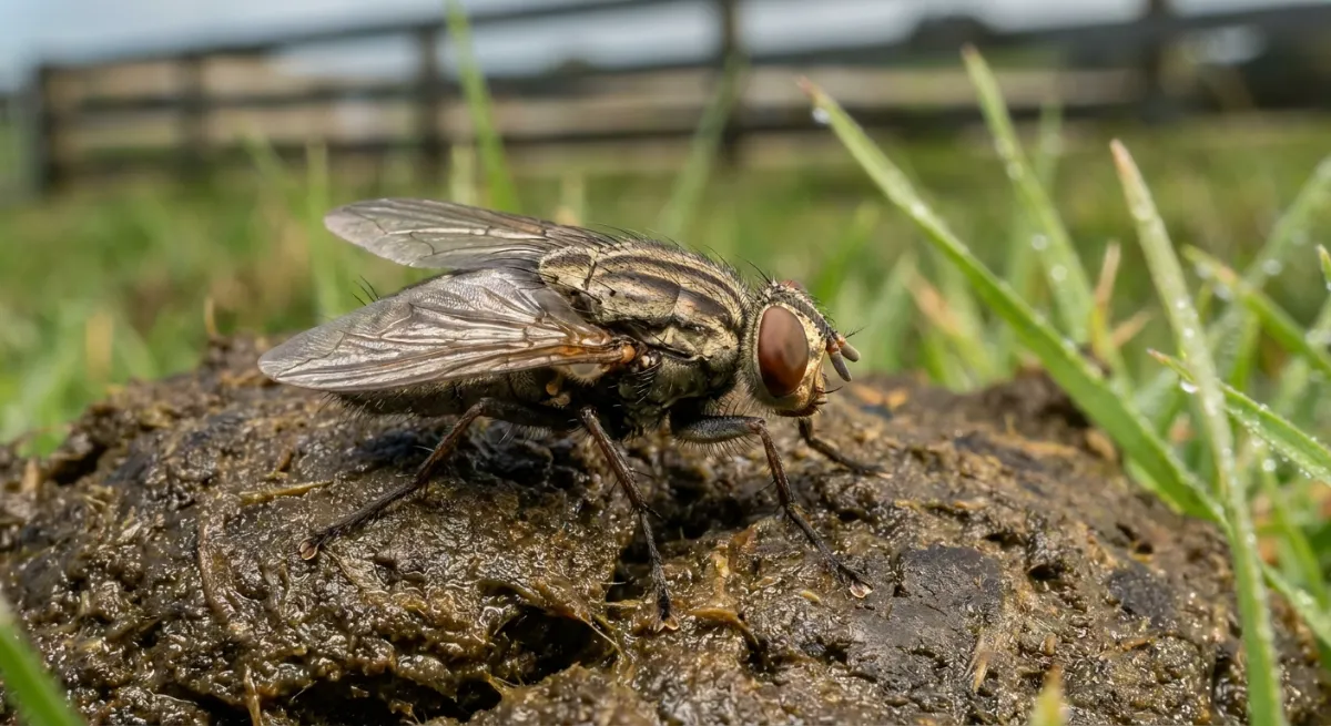 Close up of a bush fly resting on livestock dung in a Franklin paddock