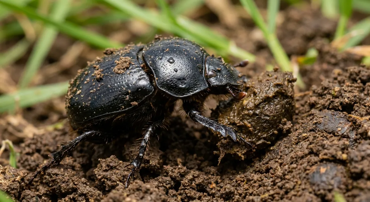 Close up of a dung beetle burying livestock manure into the soil