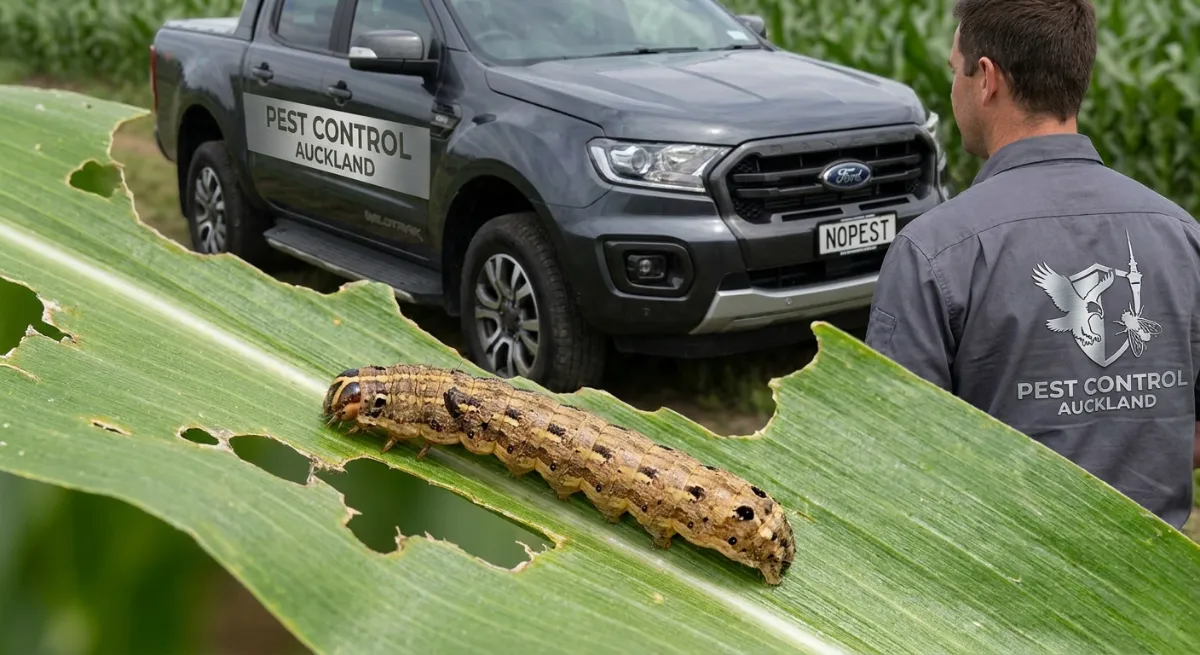 Close up of a Fall Armyworm caterpillar on a damaged leaf
