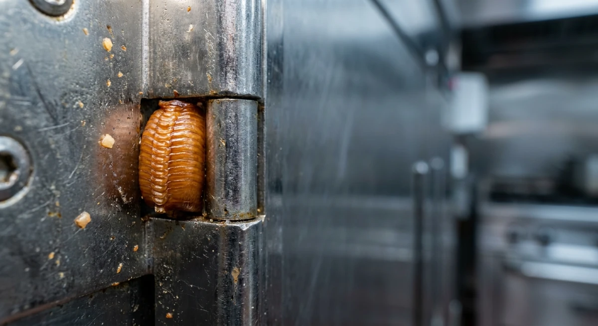 Close-up of a German cockroach egg case attached to a stainless steel commercial kitchen hinge