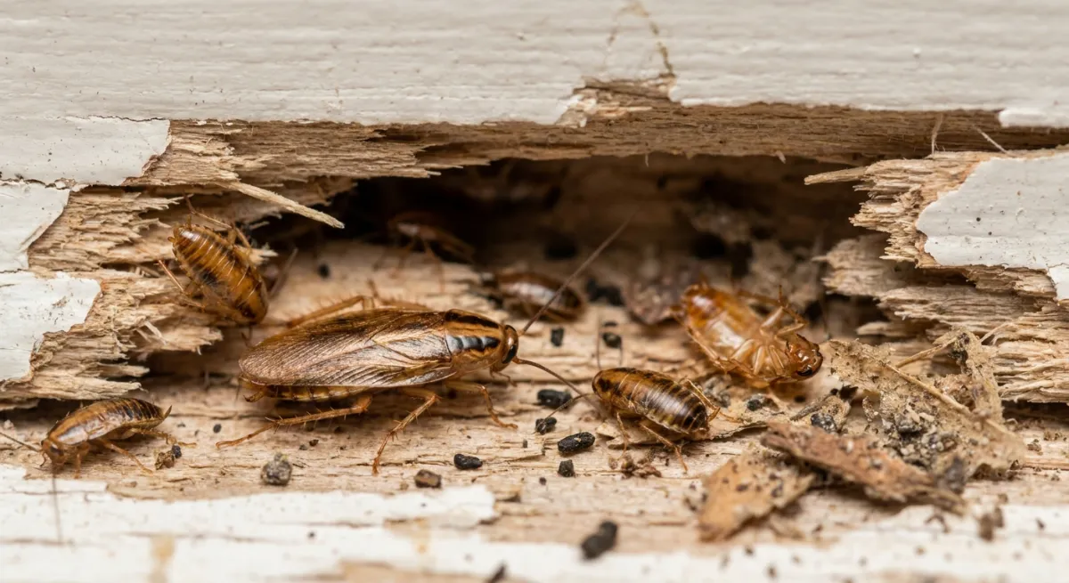 Close up of a German cockroach nest in a wall crack showing allergens