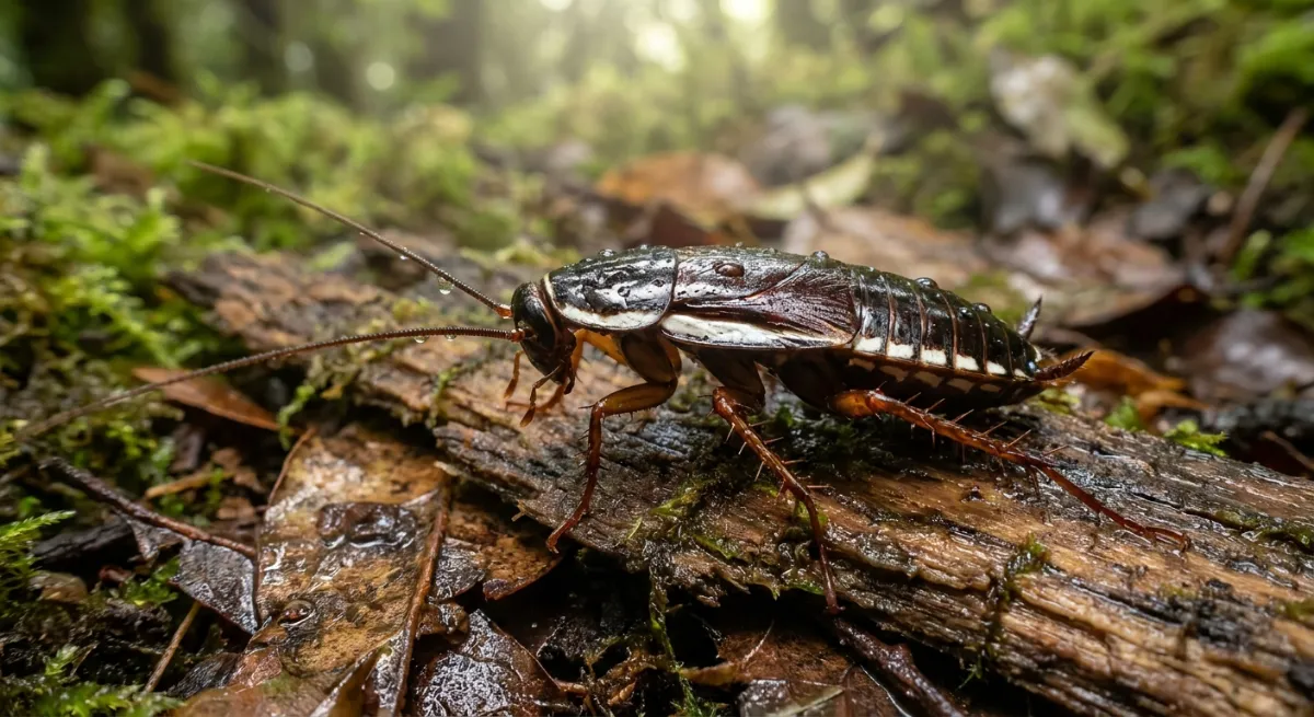 Close-up of a Gisborne cockroach on damp wood in a West Auckland bush setting