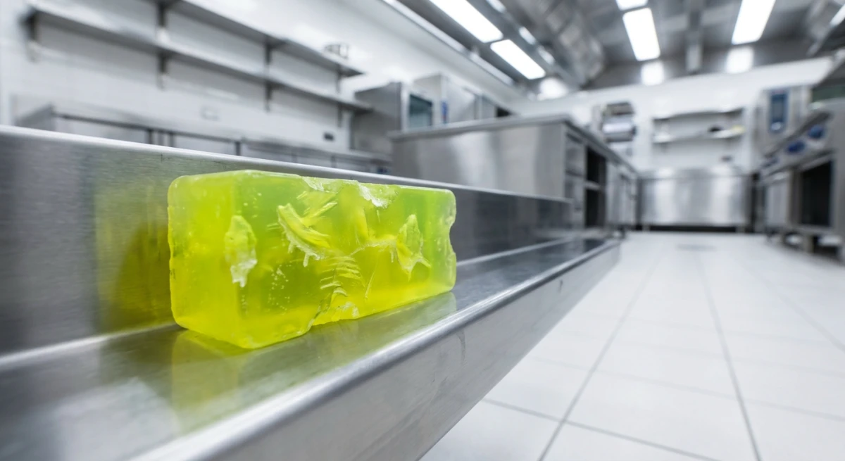 Close up of a non-toxic fluorescent rodent monitoring block with rat gnaw marks in a commercial kitchen