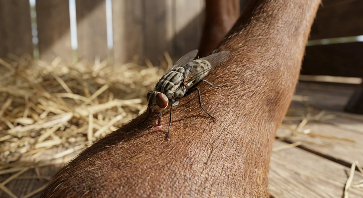 Close up of a stable fly biting a horse leg in a stable environment