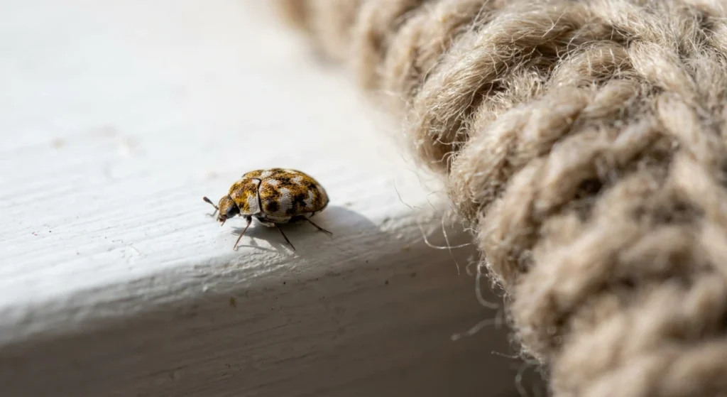 Close up of a varied carpet beetle adult on a windowsill
