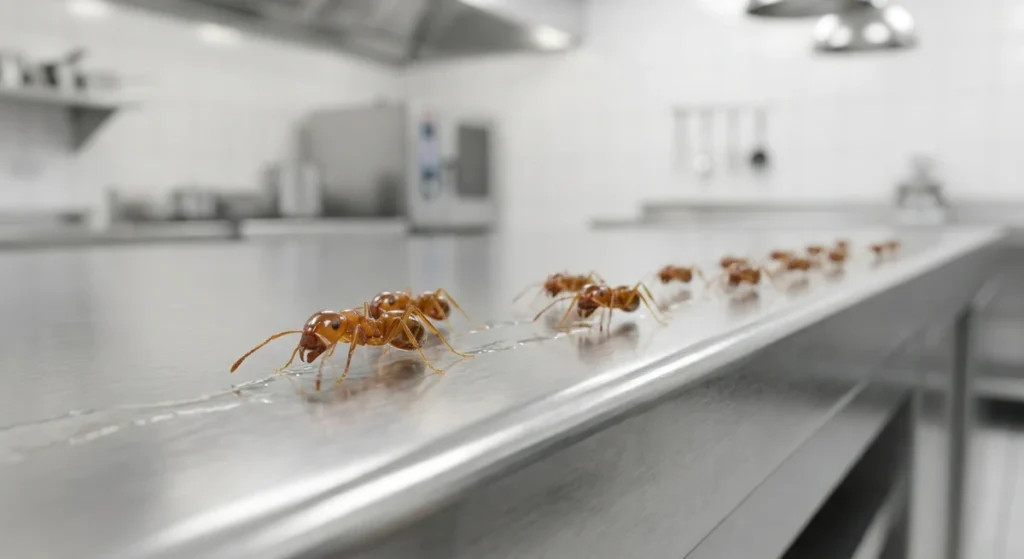 Close up of an active Argentine ant trail pheromone line on a kitchen bench