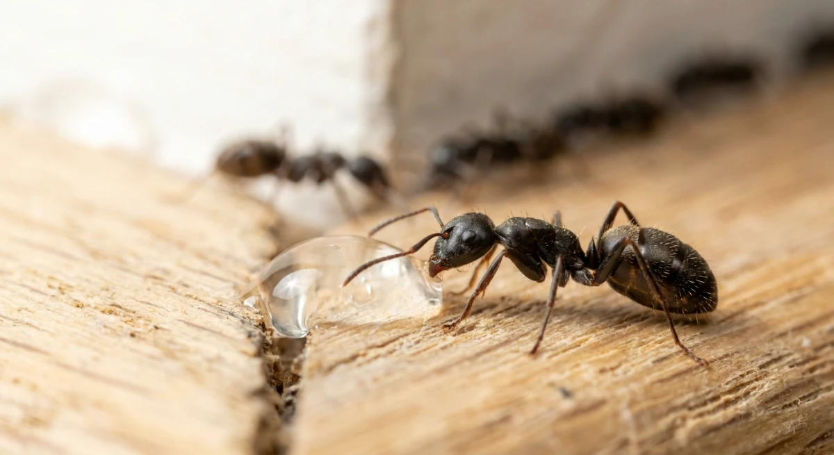 Close up of ants interacting with gel bait in a wall crack