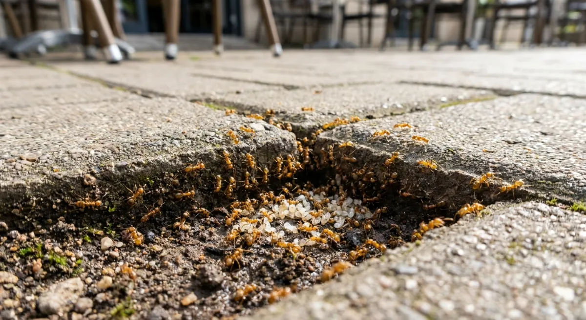 Close up of Argentine ant nest and larvae under concrete pavers