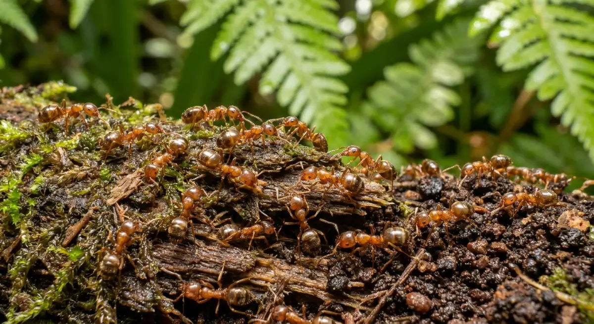 Close-up of Argentine ants nesting in a decaying garden log in Auckland