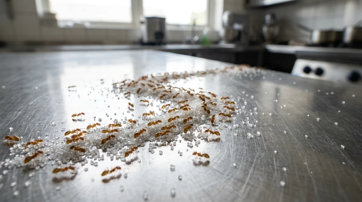 Close up of Argentine ants swarming spilled sugar in a commercial cafe setting