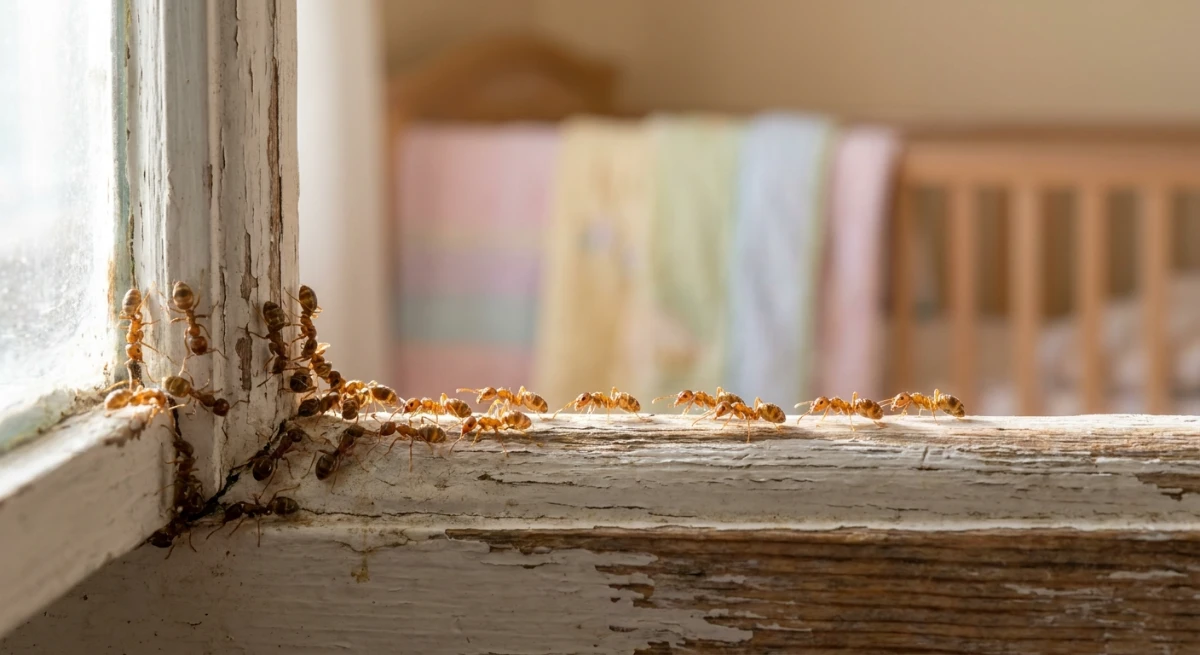 Close up of Argentine ants trailing along a window frame