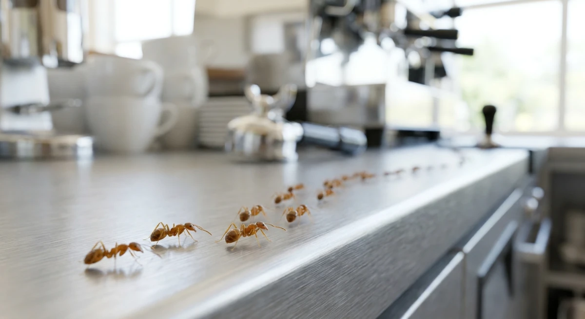 Close up of Argentine ants trailing on a cafe kitchen surface