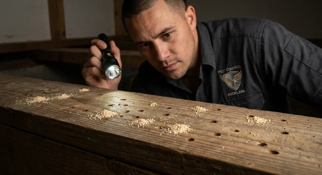 Close up of borer exit holes and frass on timber