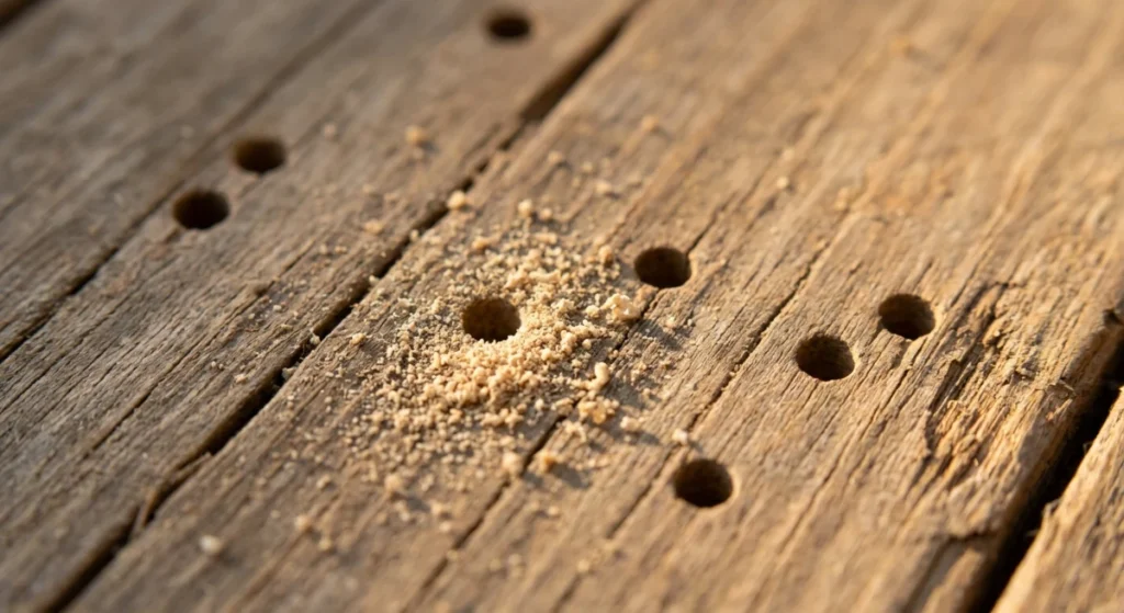Close up of borer flight holes and frass in native timber