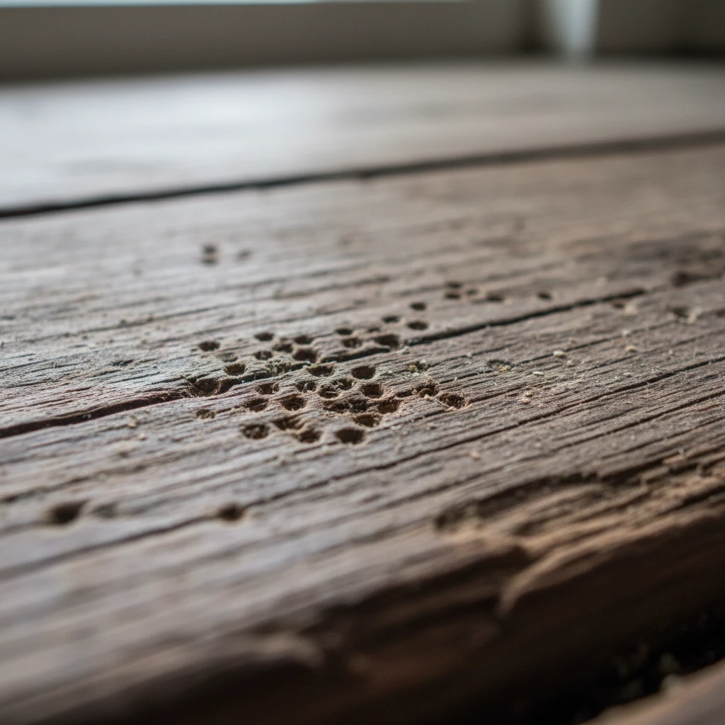 Close up of borer woodworm flight holes in timber