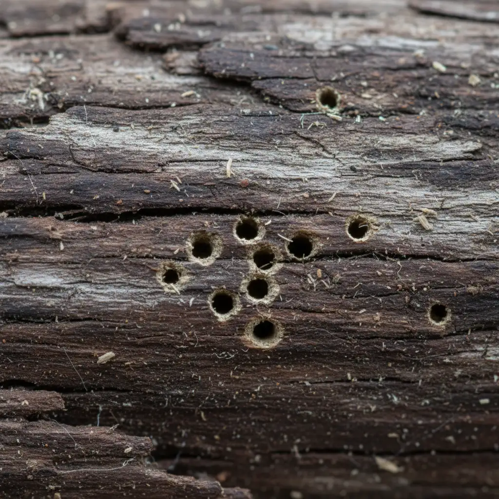 Close up of common house borer flight holes in timber