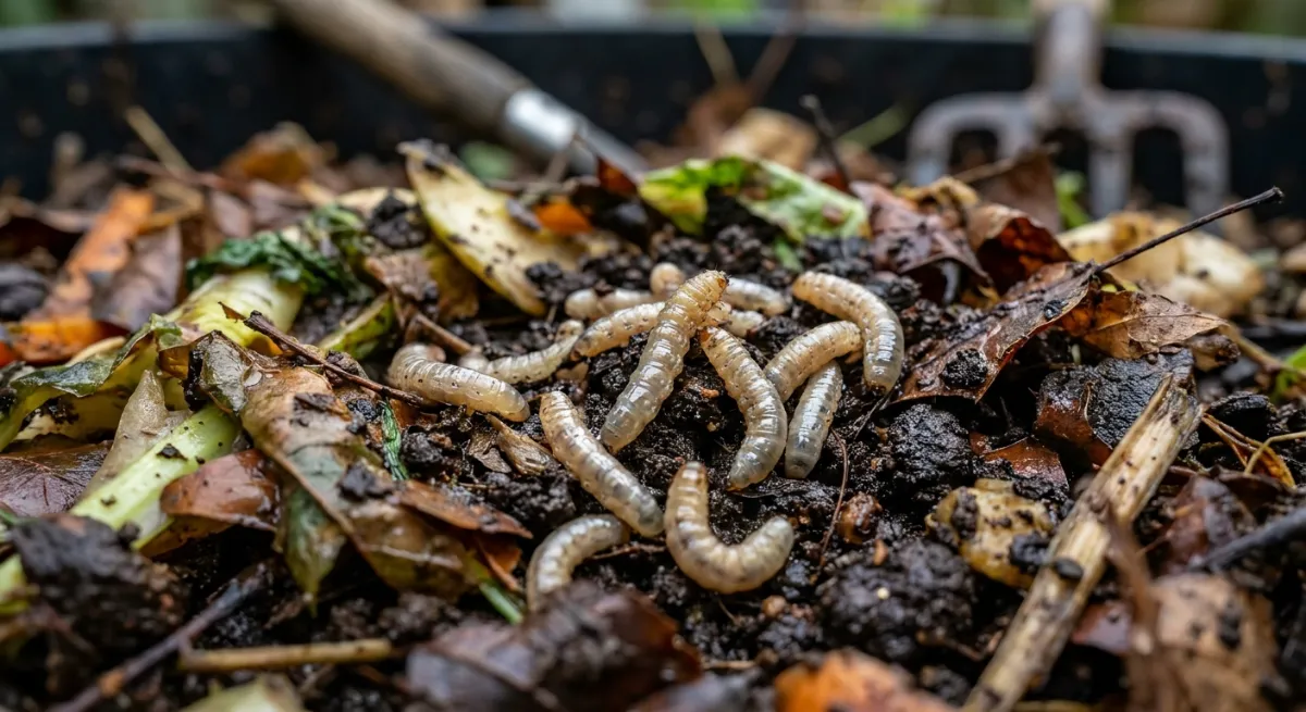 Close up of fly maggots breeding in a wet compost bin