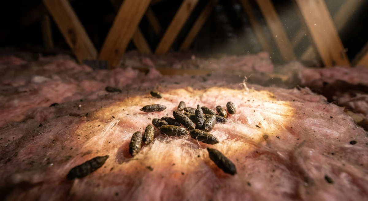 Close up of fresh rat droppings on pink roof insulation indicating an active infestation
