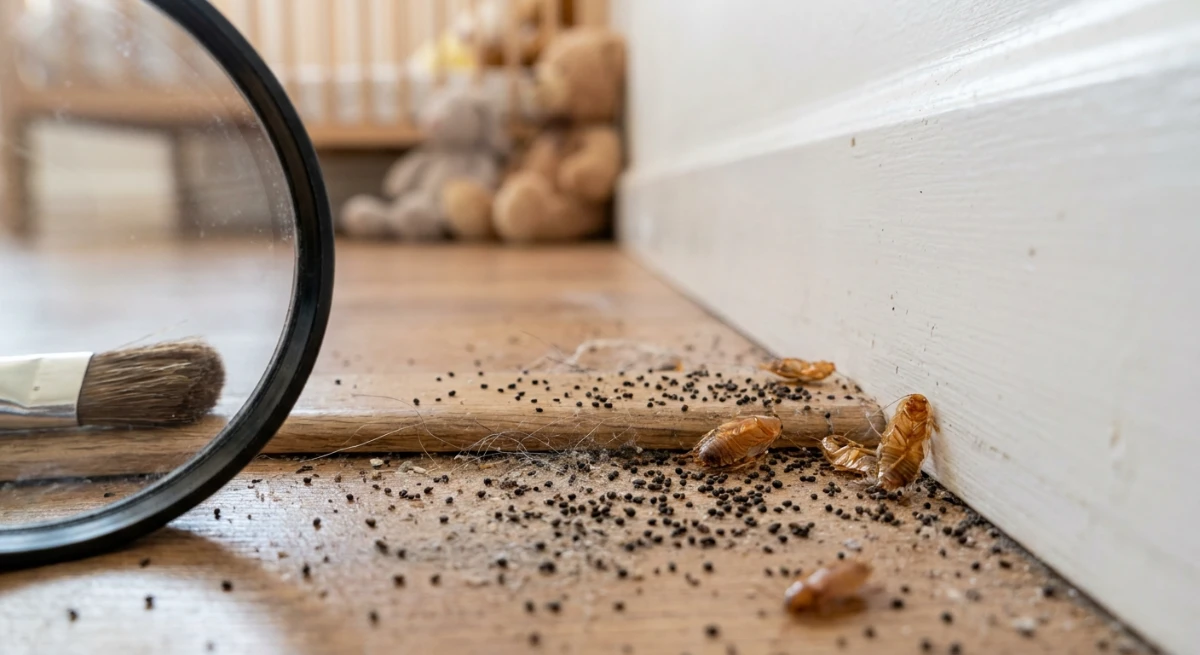 Close up of German cockroach droppings and shed skins on a skirting board