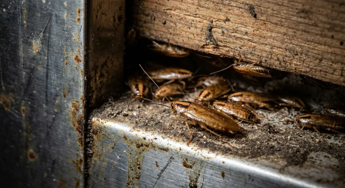 Close-up of German cockroaches hiding in a commercial food prep area