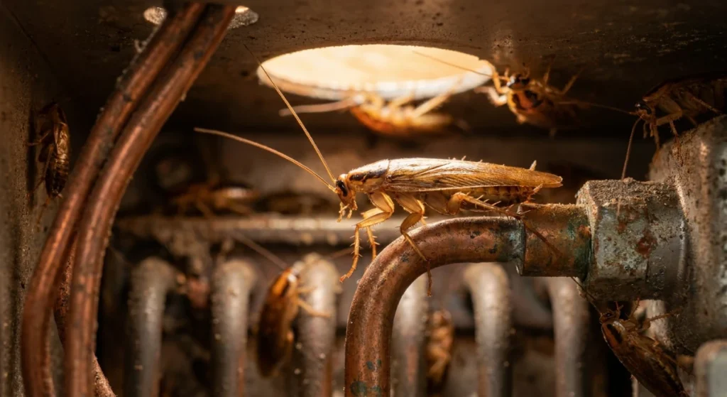 Close up of German cockroaches inside a commercial cafe espresso machine