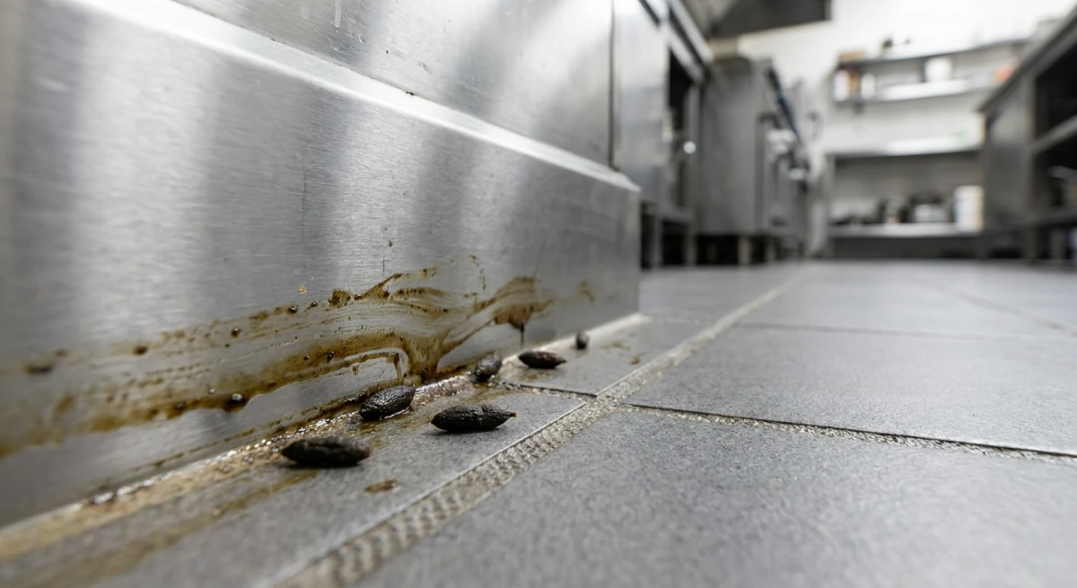 Close-up of physical rodent evidence and grease marks on a kitchen wall