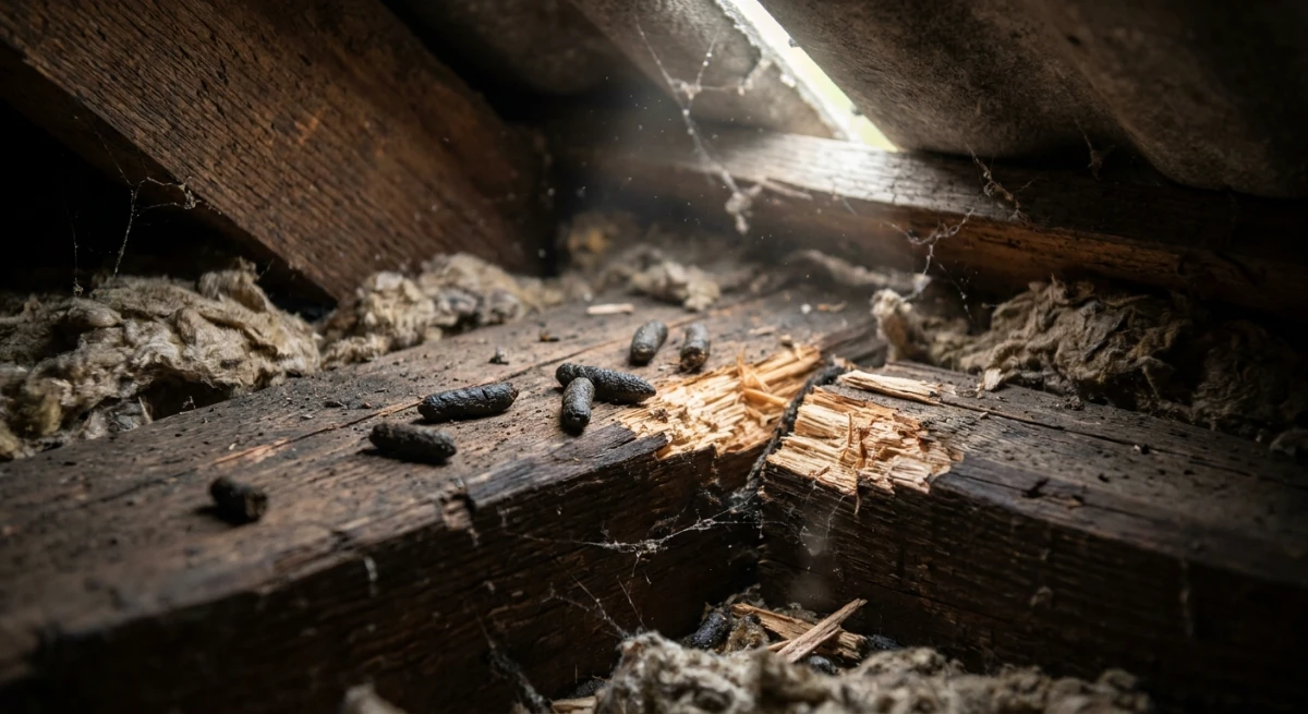 Close-up of rat damage and droppings on a wooden beam inside an Auckland roof cavity