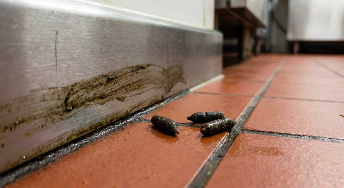 Close up of rat droppings and rub marks on a stainless steel commercial kitchen wall