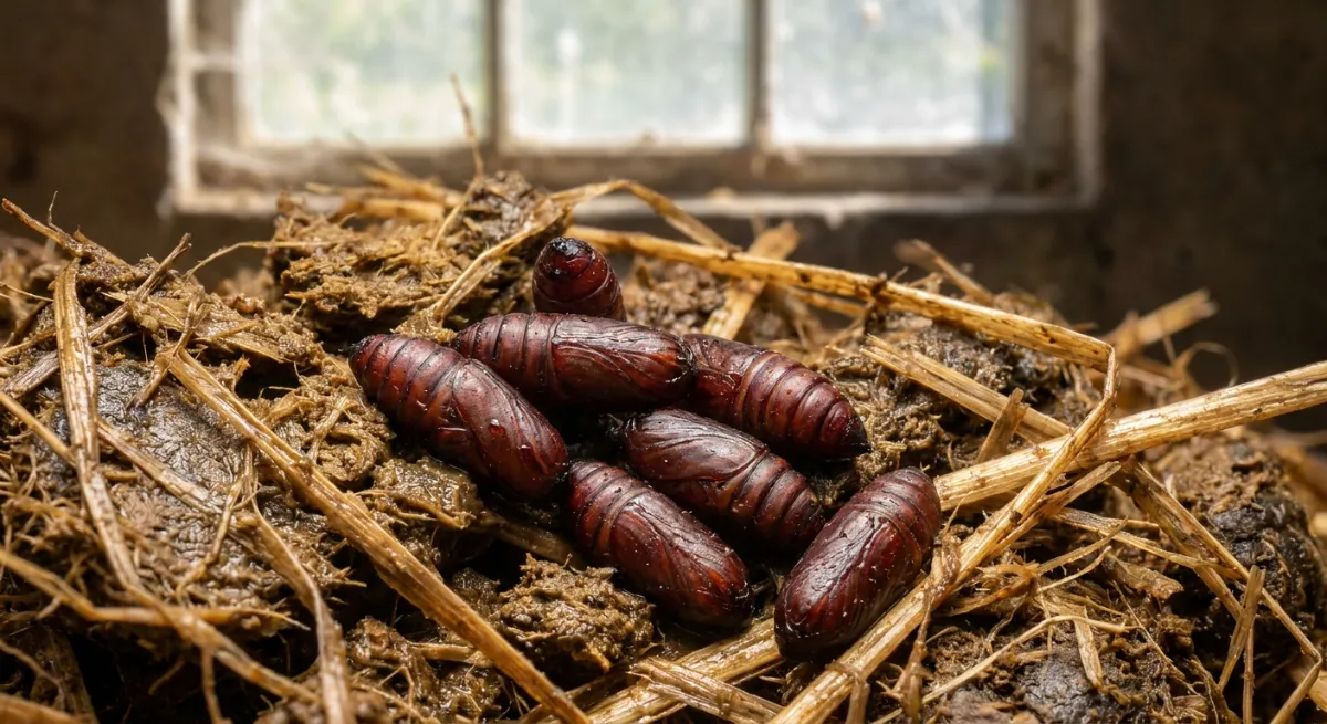 Close up of stable fly pupae in fermenting straw and manure