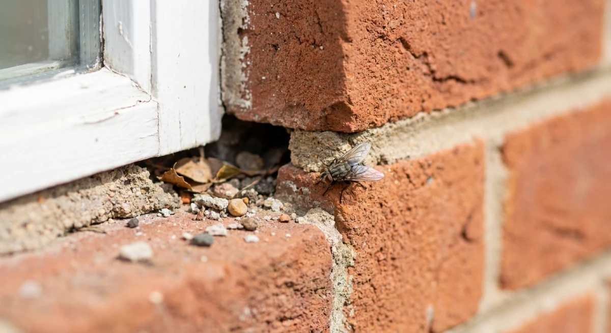 Close-up of structural gaps around a window frame where cluster flies enter homes