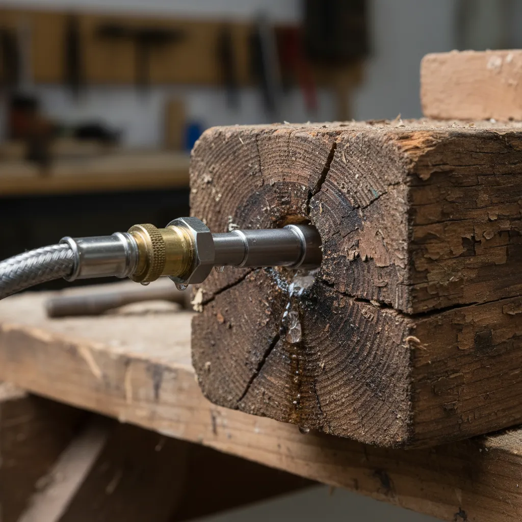 Close up of timber injection nozzle treating wood borer
