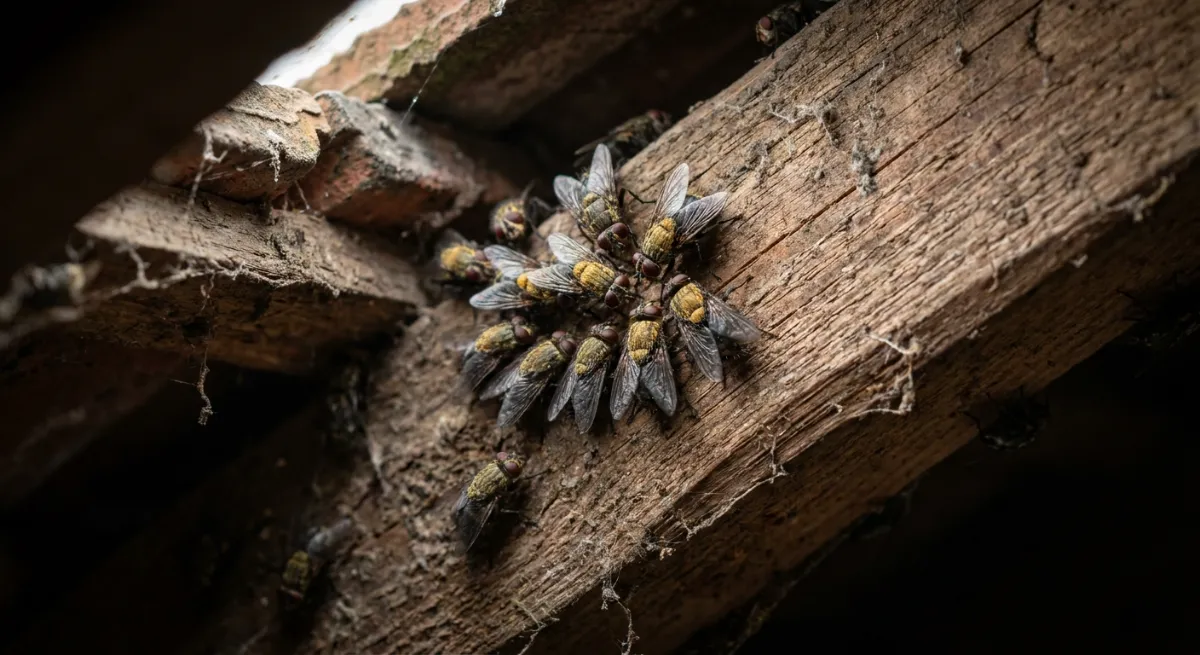 Cluster flies congregating on attic timber in a Franklin roof cavity