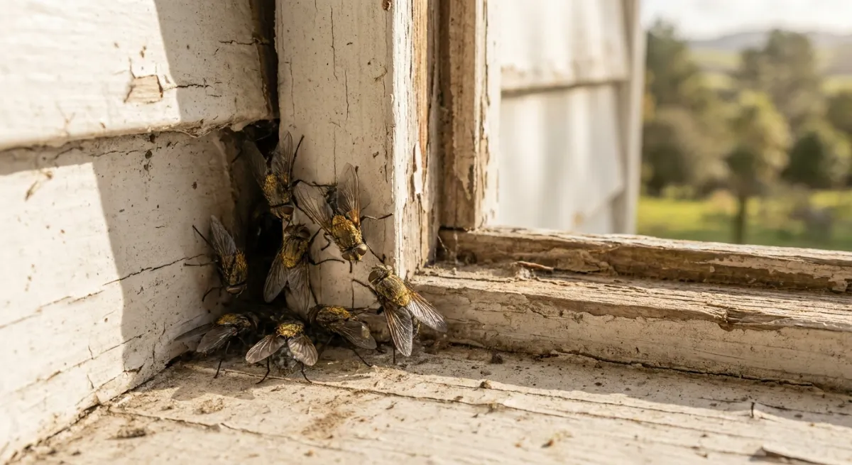 Cluster flies entering a rural home through exterior weatherboard gaps
