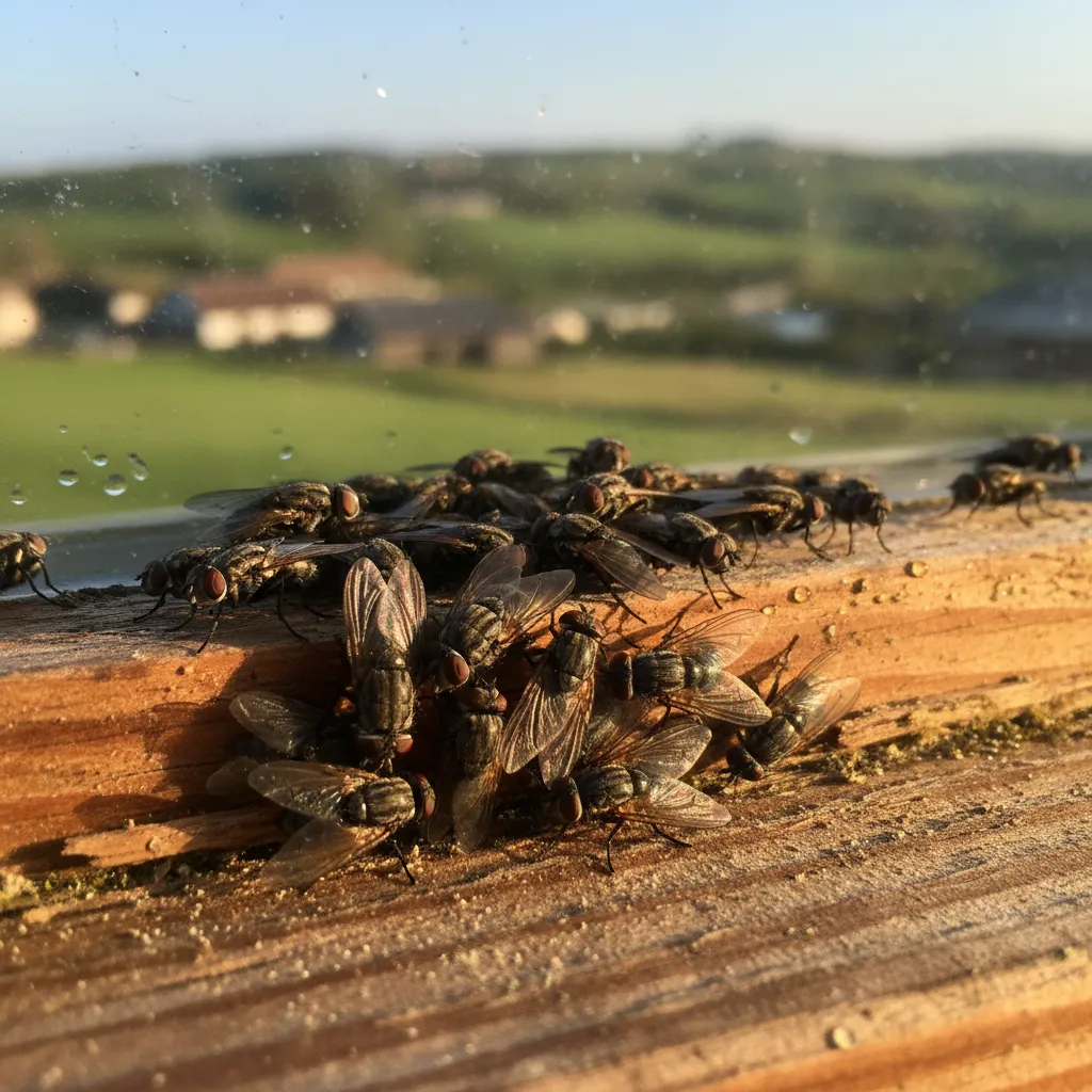 Cluster flies resting on a window sill