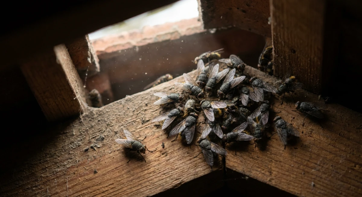 Cluster flies swarming on timber beams in a Franklin roof cavity