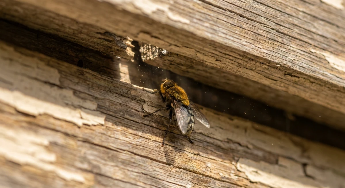 Cluster fly squeezing through a gap in exterior weatherboards
