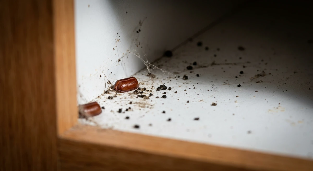 Cockroach droppings and egg cases in an Auckland kitchen cupboard