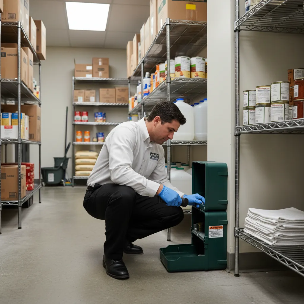 Commercial pest control bait station inspection