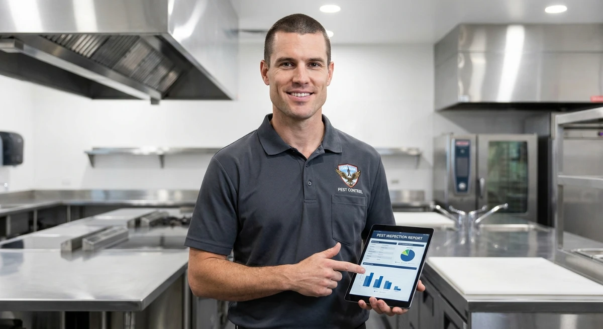 Commercial pest control technician conducting an audit in an Auckland hospitality kitchen